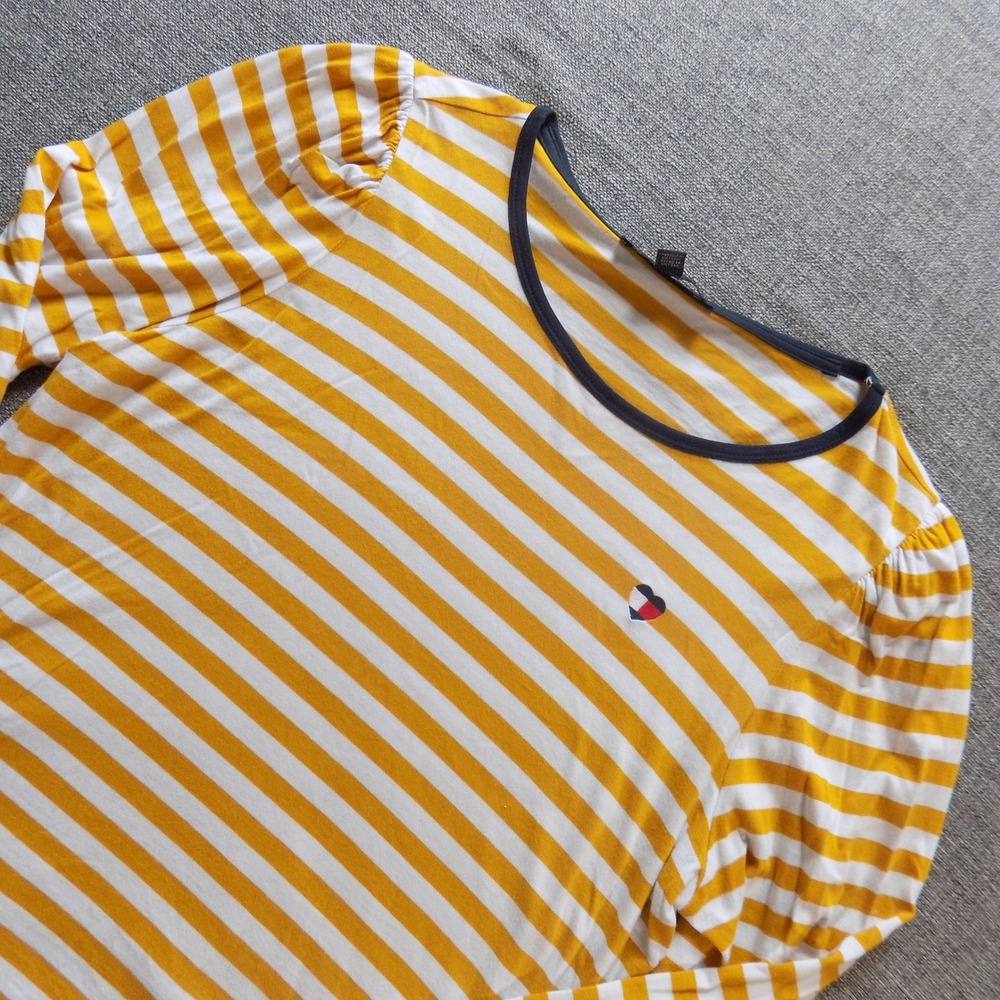 Tommy Hilfiger Top Womens XL Yellow White Good Striped Smocked Ruffle Cuff